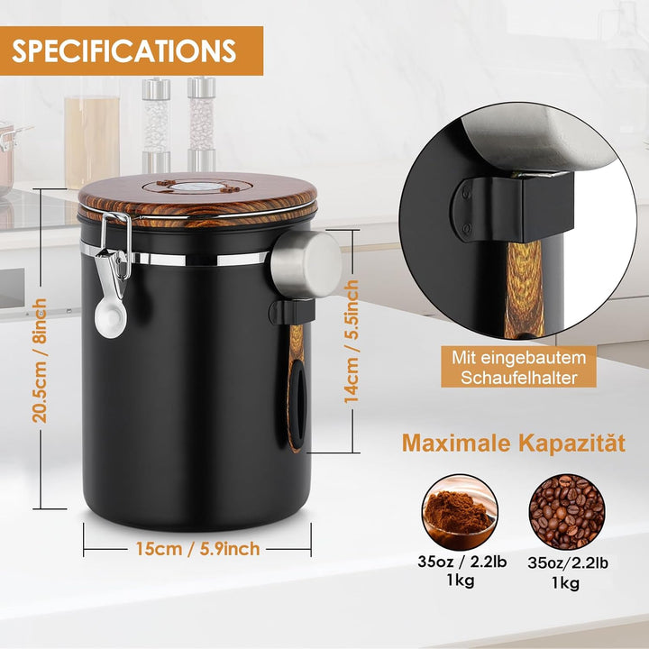 Kaffeedose Luftdicht 1kg Bohnen, 2,8 L Kaffeebohnenbehälter aus Edelstahl mit Deckel aus Holzmaserun