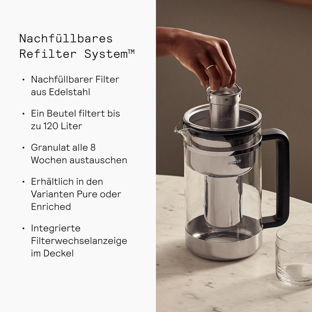 Aarke Purifier Large, Wasserfilterkanne aus Glas und Edelstahl, 1,7 l / 7 Tassen, inklusive Aarke Pu