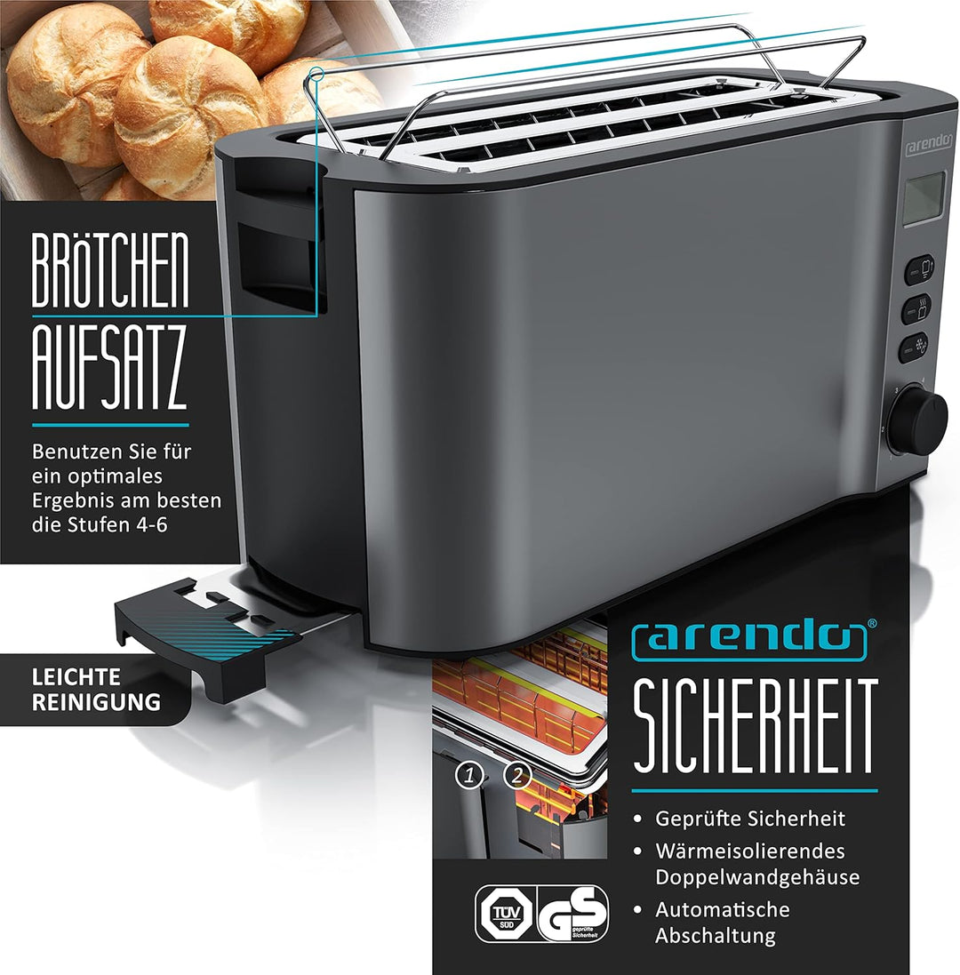 Arendo - SET Toaster MANHA mit Eierkocher SEVENCOOK Edelstahl Grau, Toaster 4 Scheiben, LED-Display,