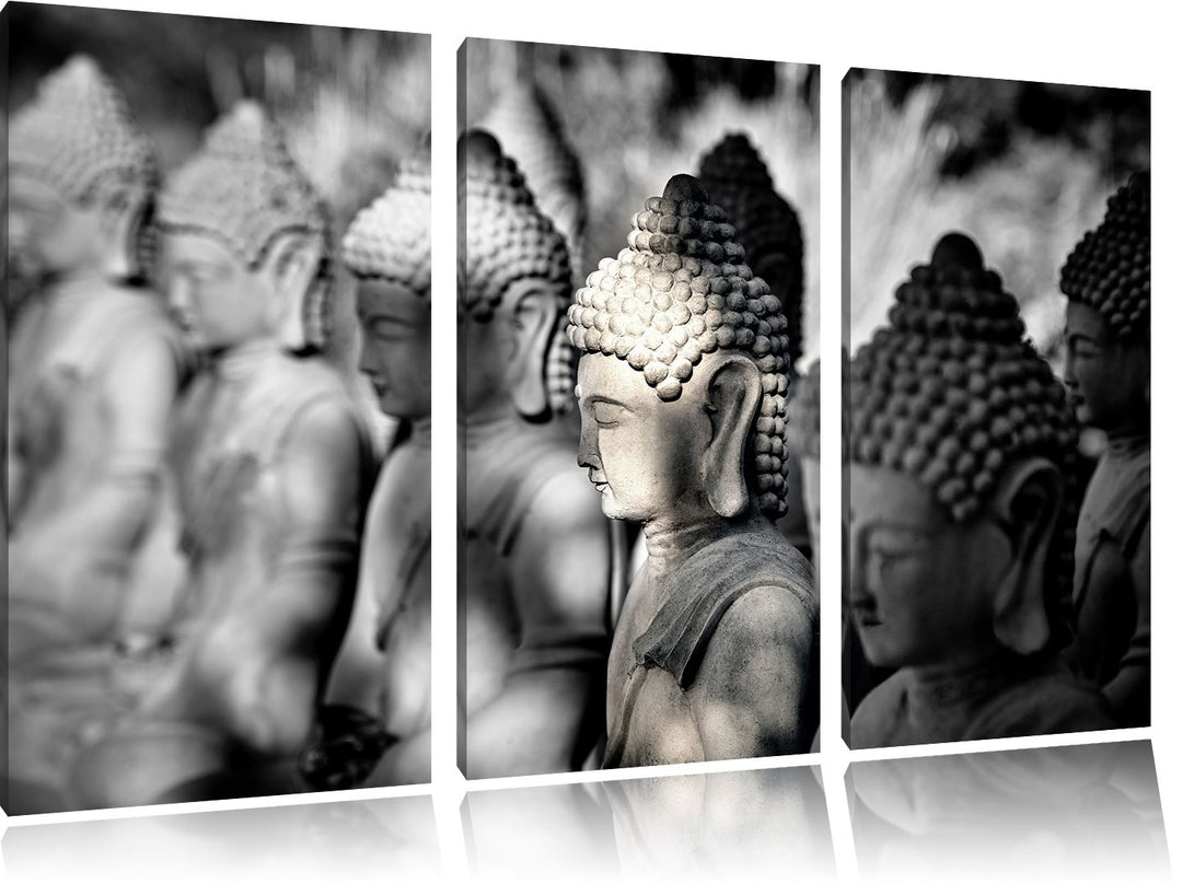 Pixxprint Meditierende Buddha-Statuen in Einer Reihe B&W Detail 3-Teiler Leinwandbild 120x80 Bild au