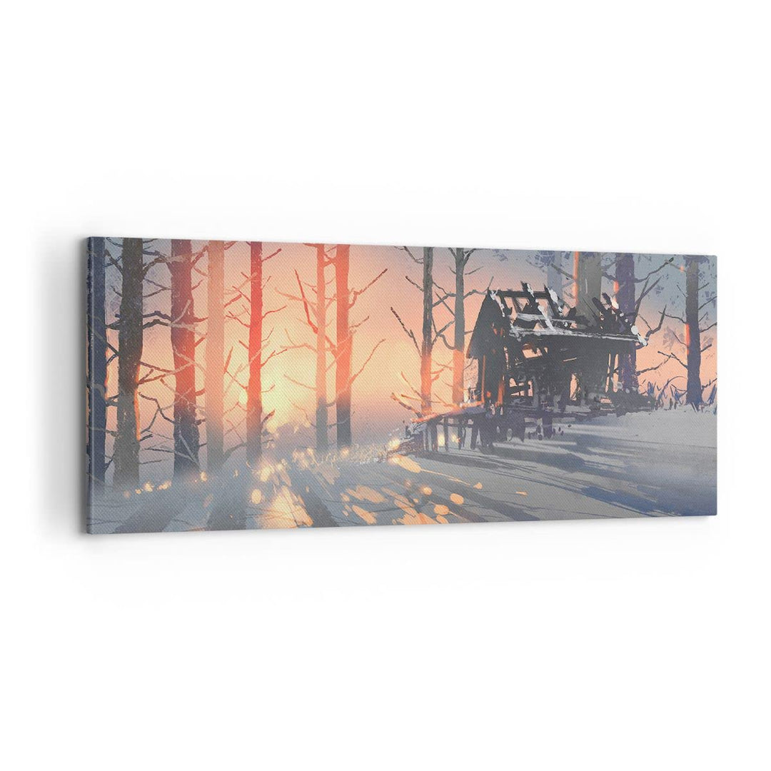 Panorama Bilder auf Leinwand 100x40cm Leinwandbild Winter Wald Hütte Gross Wanddeko Bild Schlafzimme