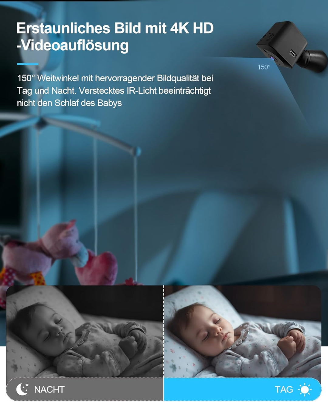 AOBOCAM Mini Kamera, 4K HD WLAN Überwachungskamera Innen Live Übertragung Handy APP Für WiFi Camera