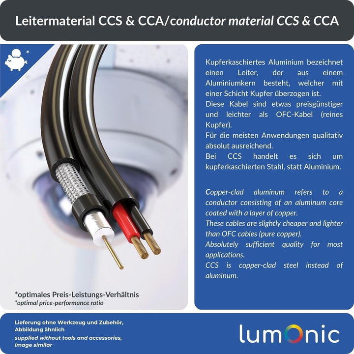 Lumonic RG59 RG59 Koaxialkabel + Stromleitung 50m | CCTV Überwachungskabel mit Power | 75 Ohm Kombik