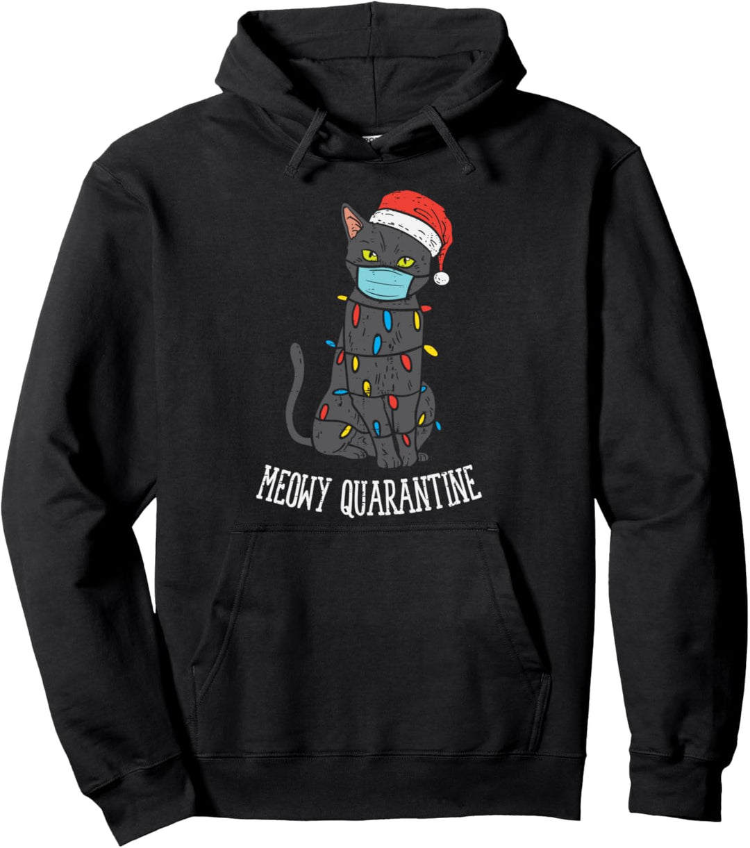 Santa Black Cat In Mask Meowy Quarantine Christmas Xmas Gift Pullover Hoodie