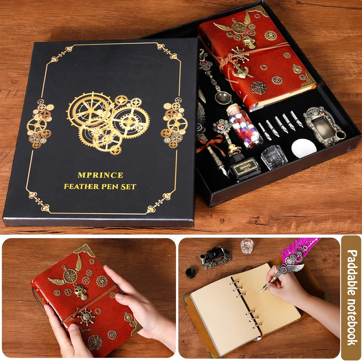 MPRINCE Schreibfeder Tinte Set Leder Notizbuch, Quill Stift Tinte Set mit Quill Stift, Notizbuch, 5