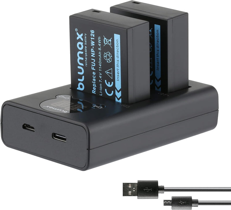Blumax 2X Akku 1140mAh für Fujifilm NP-W126s/NP-W126 + Slim Dual-Ladegerät USB für Fujifilm XT-3 XT3