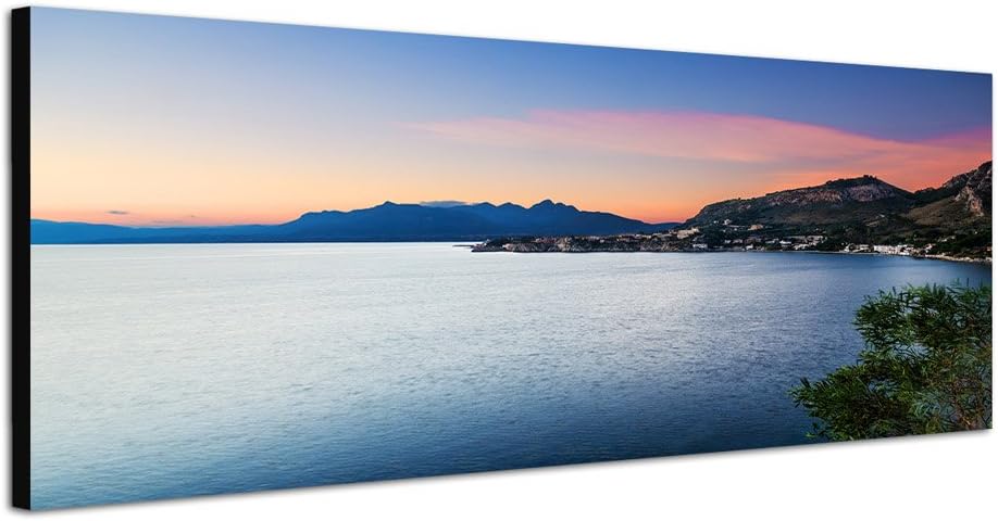Paul Sinus Art Panoramabild auf Leinwand und Keilrahmen 150x50cm Italien Sizilien Meer Küste Dämmeru