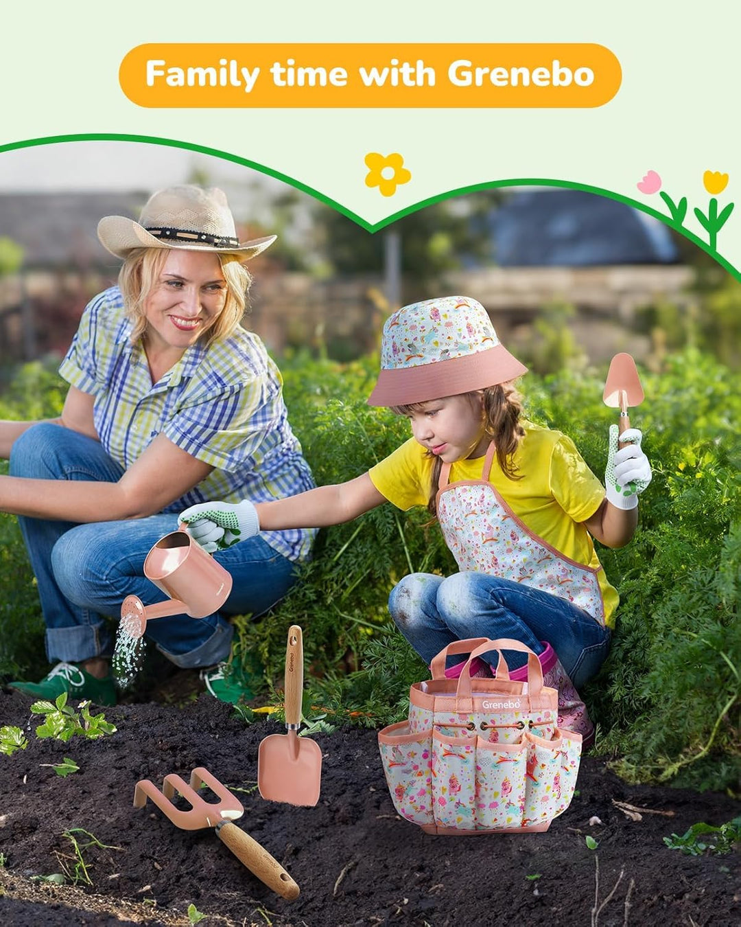 Grenebo-Gartenspielzeug für Kinder, inklusive Metallkelle, Pflanzschaufel, Gartenhut, Rechen, Schürz