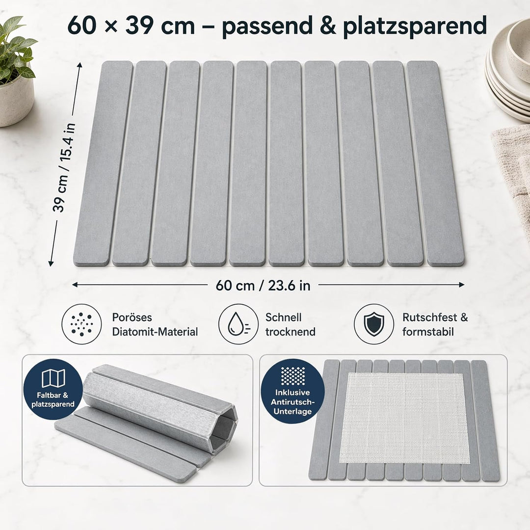 Diatomit Abtropfmatte 60 x 39 cm - faltbare Kieselgur Abtropfmatte Geschirr rutschfest und schnelltr