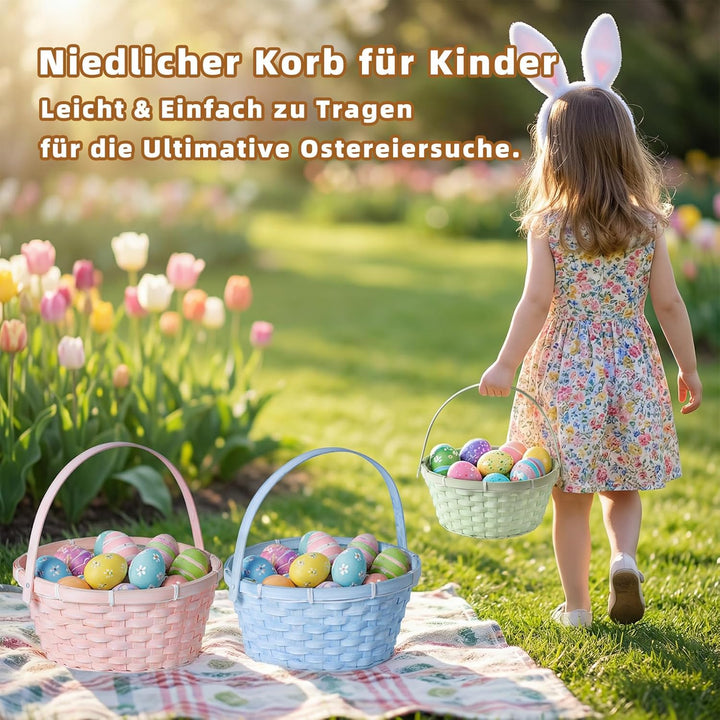 Lanpn Handgefertigte Osterkörbchen mit Henkel 3er Set aus Natur Wicker Baskets Pastellrosa Blau Grün