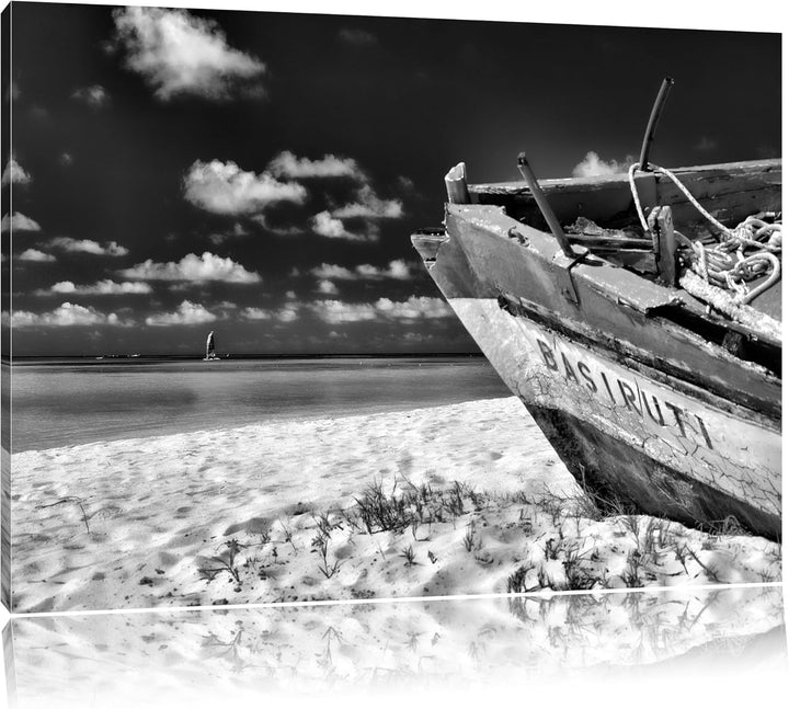 Monocrome, Boot am Strand, Format: 100x70 auf Leinwand, XXL riesige Bilder fertig gerahmt mit Keilra