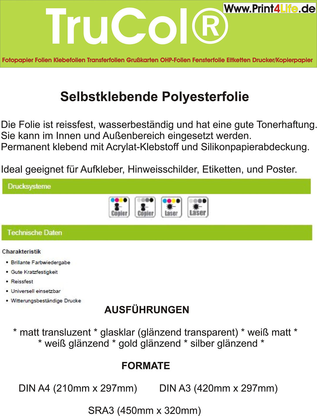 Klebefolie 10 x DIN A4 transluzent Matte - Druckerfolie, klebend, zum Bedrucken, Reissfest, Wetterfe