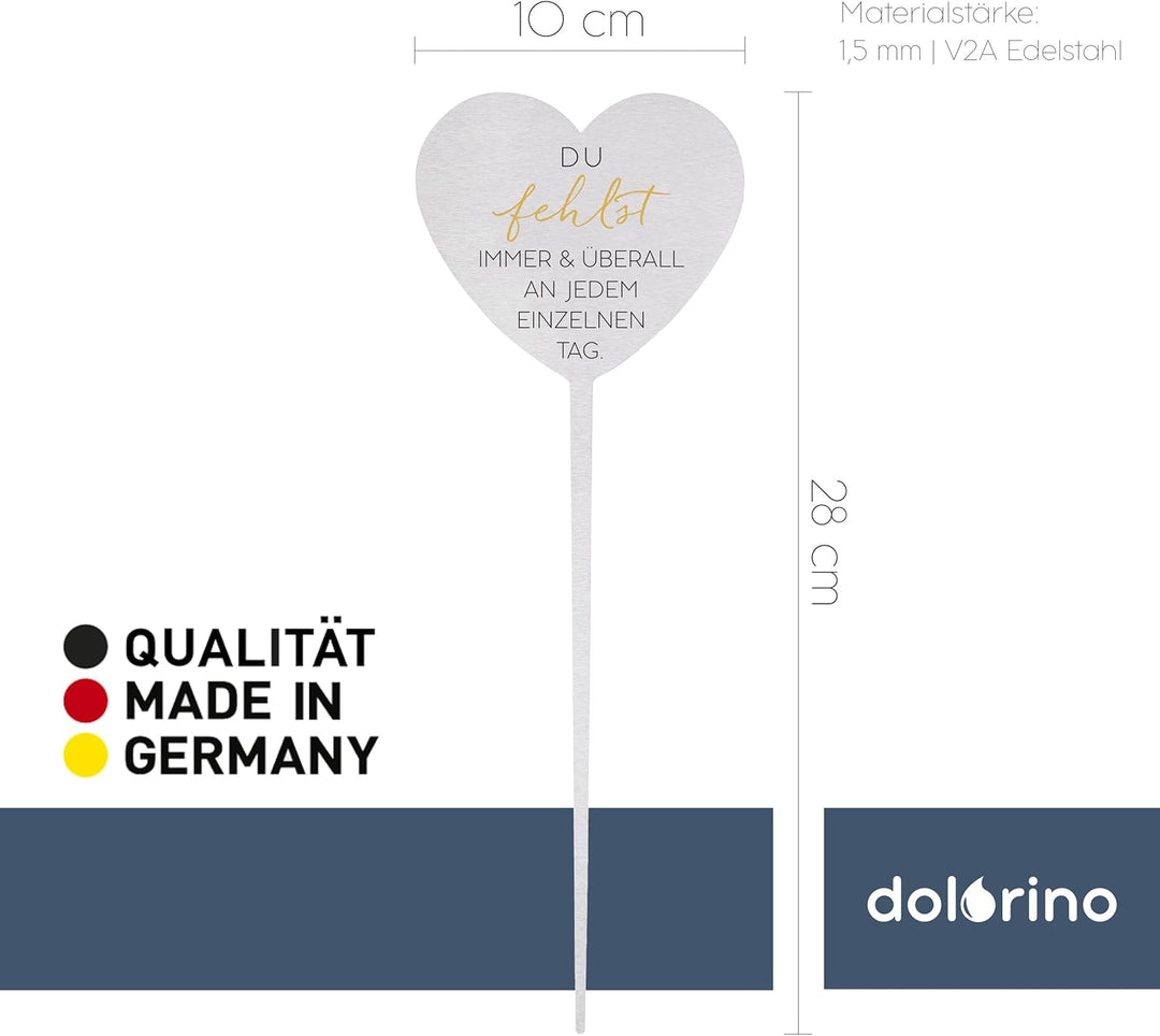 Dolorino Grabstecker Edelstahl Herz mit Spruch | Du fehlst Immer & überall an jedem einzelnen Tag |