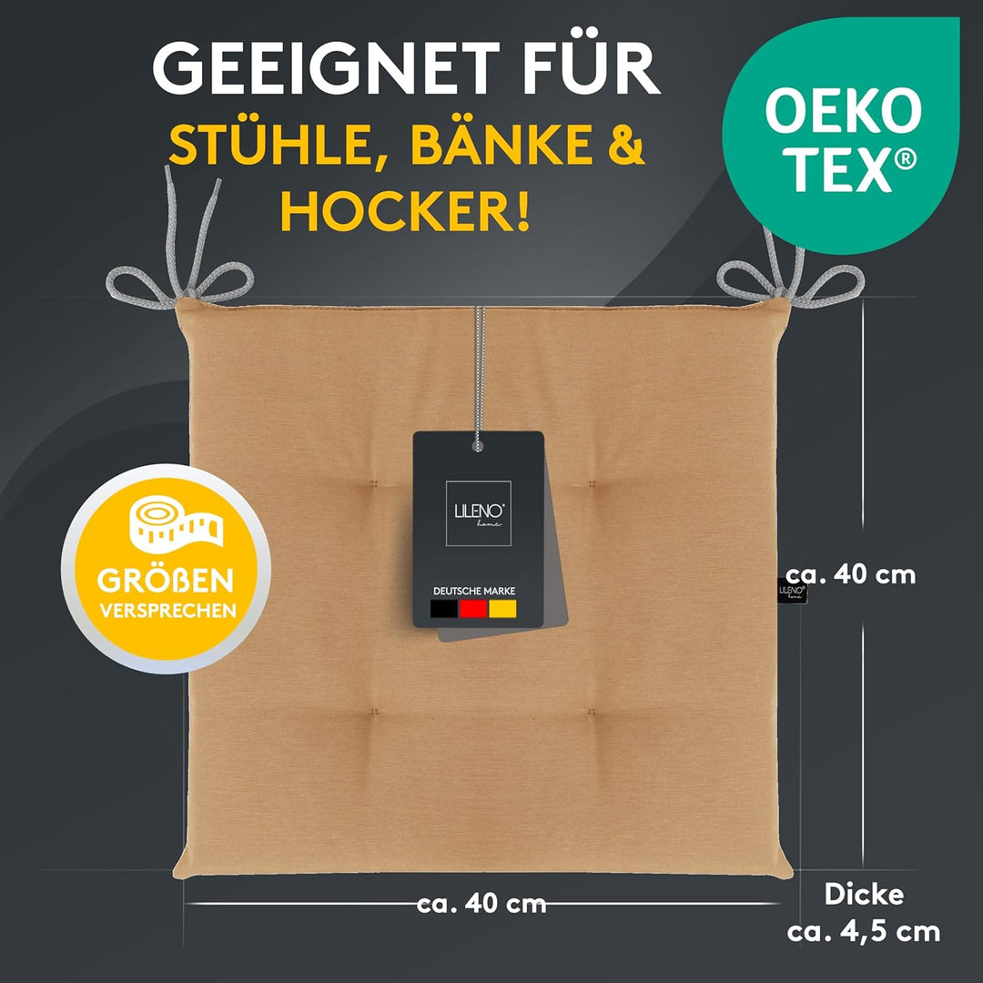 LILENO HOME 6er Set Stuhlkissen Caramell (40x40x4,5 cm) - Sitzkissen für Gartenstuhl, Küche oder Ess
