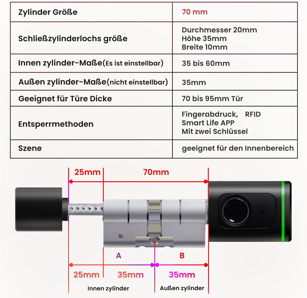 AVATTO Smart Türschloss mit Fingerabdruck, Elektronisches SchliessZylinder 70mm (35/35) mit 2 Schlüs