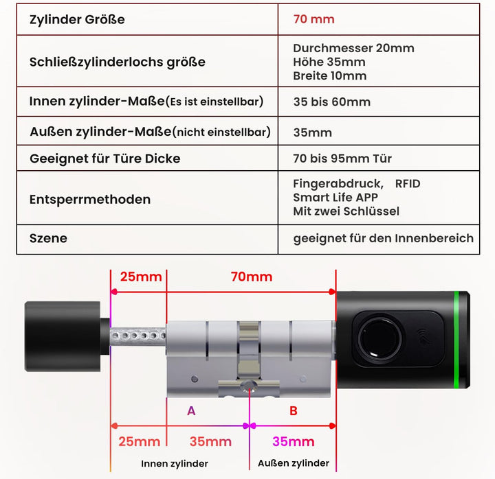 AVATTO Smart Türschloss mit Fingerabdruck, Elektronisches SchliessZylinder 70mm (35/35) mit 2 Schlüs