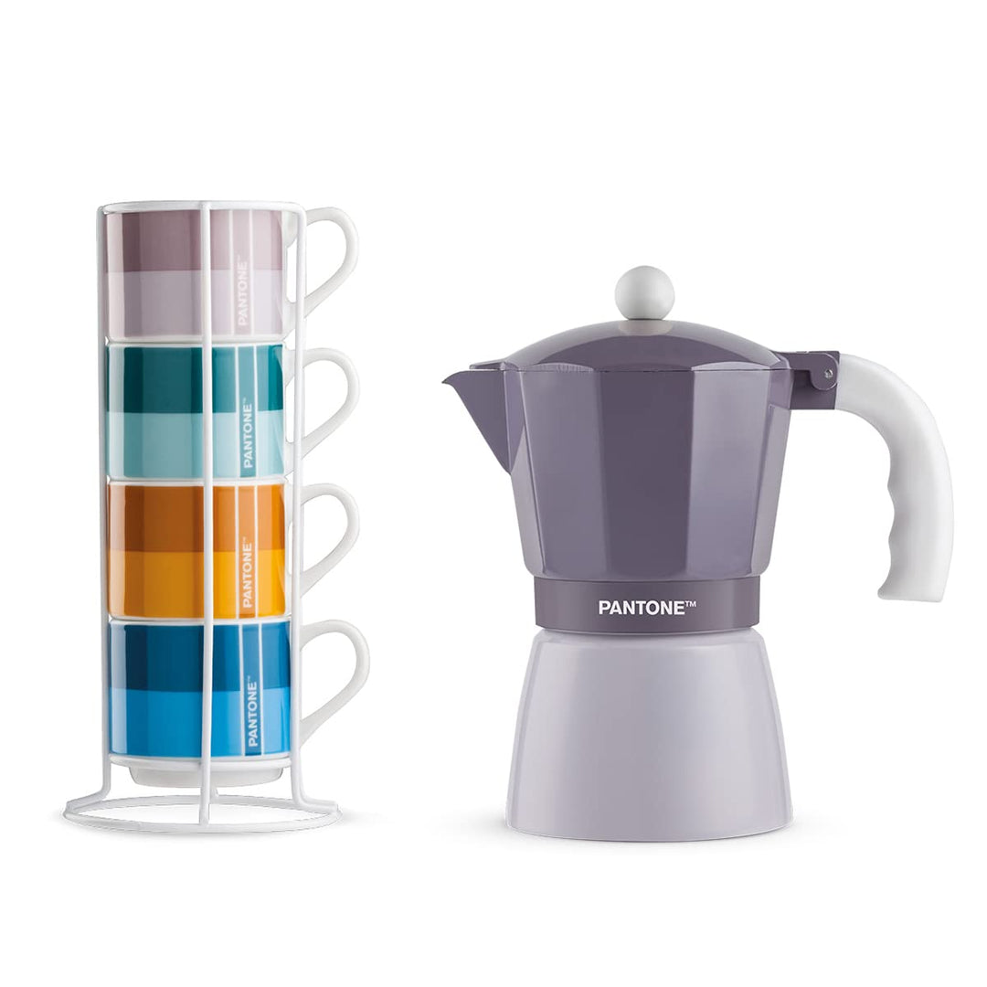 Egan Set mit 4 Kaffeetassen Impil. mit Metalrack Pantone Linear + Moka Violett 6 Tassen
