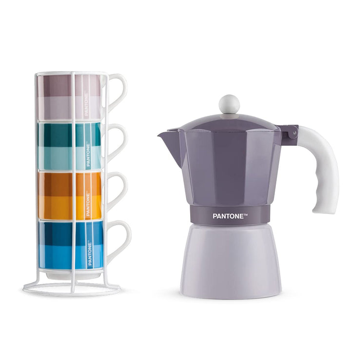 Egan Set mit 4 Kaffeetassen Impil. mit Metalrack Pantone Linear + Moka Violett 6 Tassen
