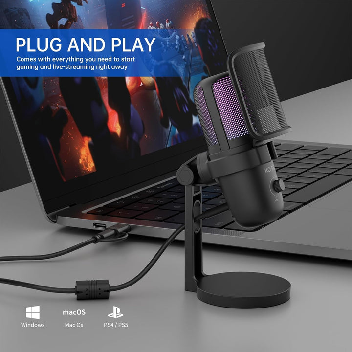 USB Gaming Mikrofon für PC, RGB Kondensator Mikrofon mit Adapter für Handy,Stumm/Gain, Anti-Plosive