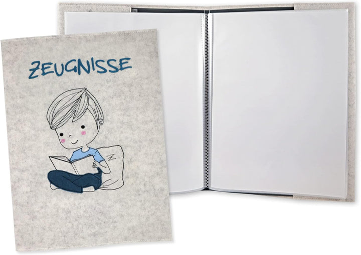 Goldi-Design Zeugnismappe Bücherwurm weiss 100% Wollfilzumschlag und Sichtbuch DIN A4 mit 20 Hüllen