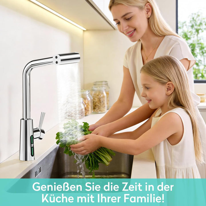 KAIYING Wasserhahn Küche Ausziehbar mit Temperaturanzeige (Batterielos), Hochdruck Wasserfall Küchen