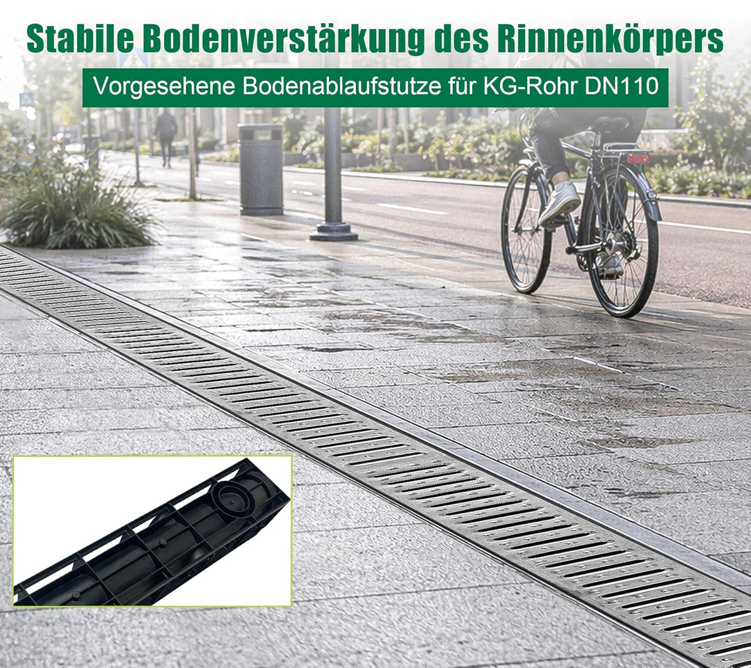 1m Set Entwässerungsrinne mit Abdeckrost aus Stahl Verzinkt - Aussenmass 1000 x 155 x 140 mm - Boden