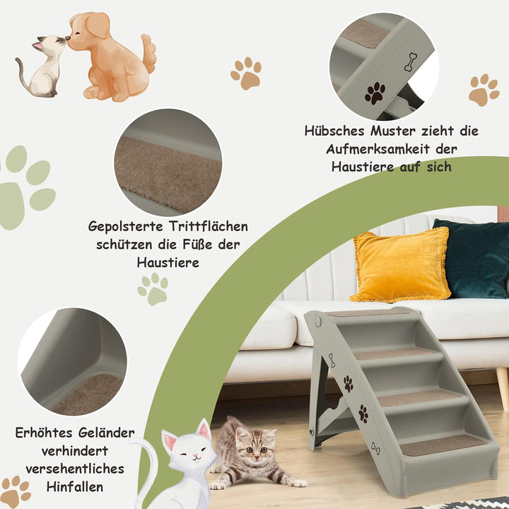 COSTWAY 4-stufige Haustiertreppe mit Teppichboden, Hundetreppe Kunststoff Katzentreppe faltbar, Hund