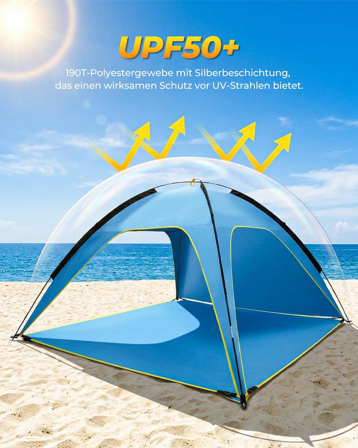 MYMULIKE Strandzelt UV50+ Sonnenschutz, 210x210x130cm 4-6 Personen, 190T Polyester mit 8mm Fiberglas