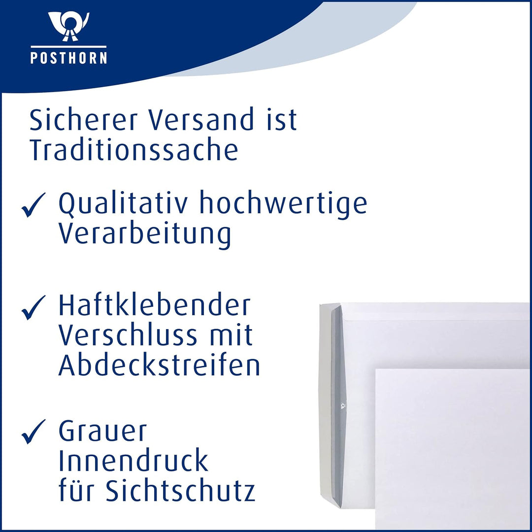 POSTHORN Versandtasche B4 (250 Stück) - 353 x 250 x 1mm - 120g/m² | haftklebende Versandtaschen ohne
