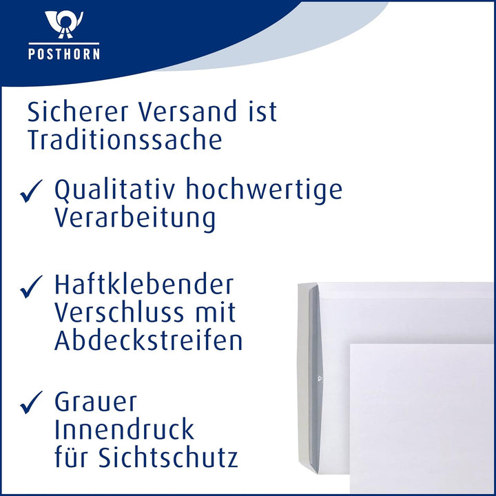 POSTHORN Versandtasche B4 (250 Stück) - 353 x 250 x 1mm - 120g/m² | haftklebende Versandtaschen ohne