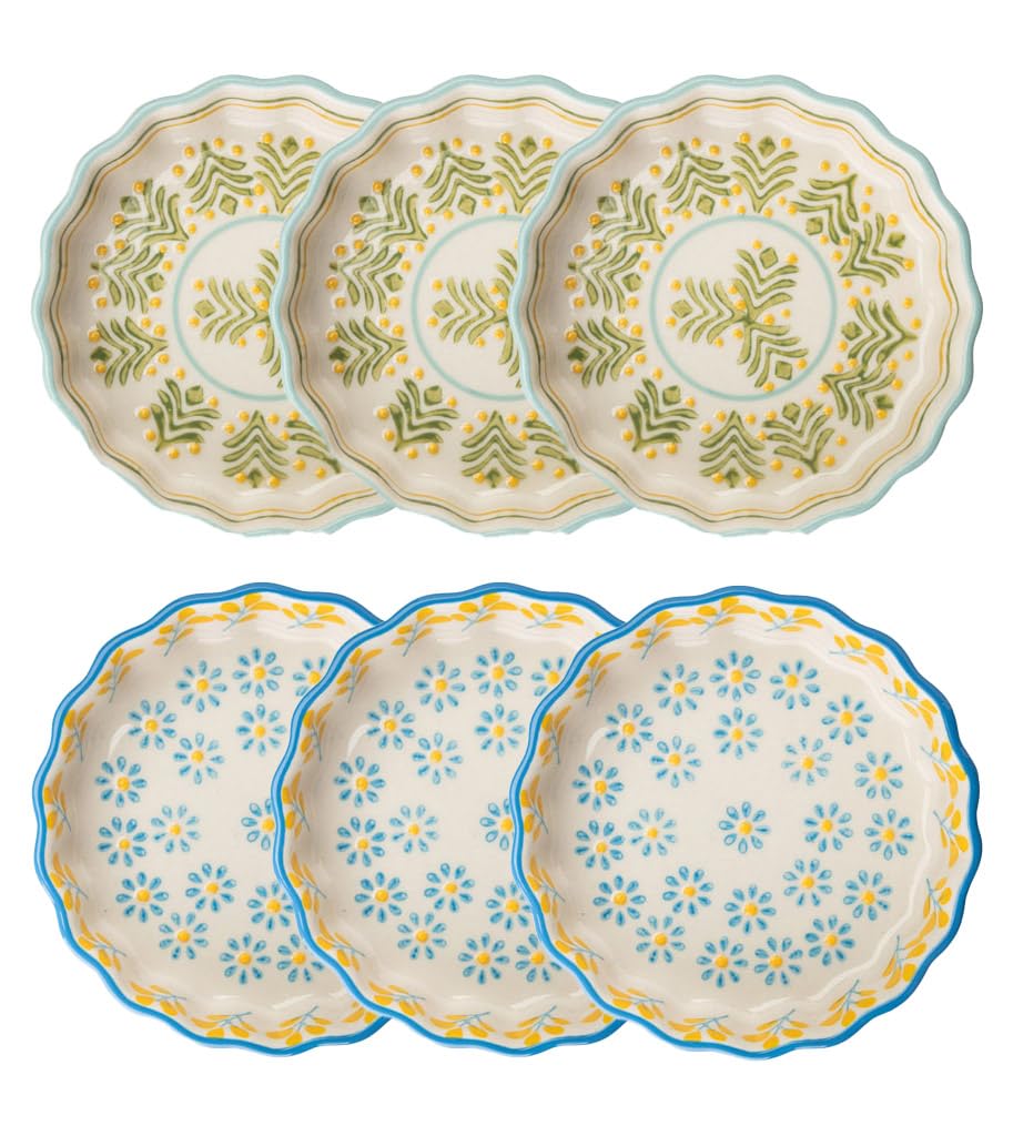 Tranquillo 6er Set Tarteletteform aus Steinzeug mit handgestempeltem Print blau/gelb Floral/Retro, Ø