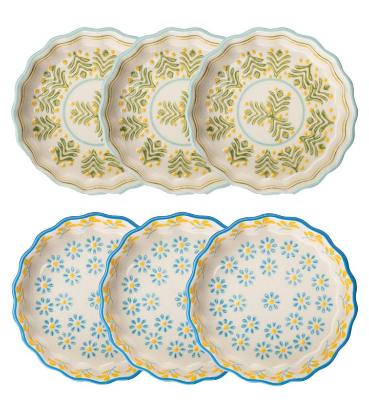 Tranquillo 6er Set Tarteletteform aus Steinzeug mit handgestempeltem Print blau/gelb Floral/Retro, Ø