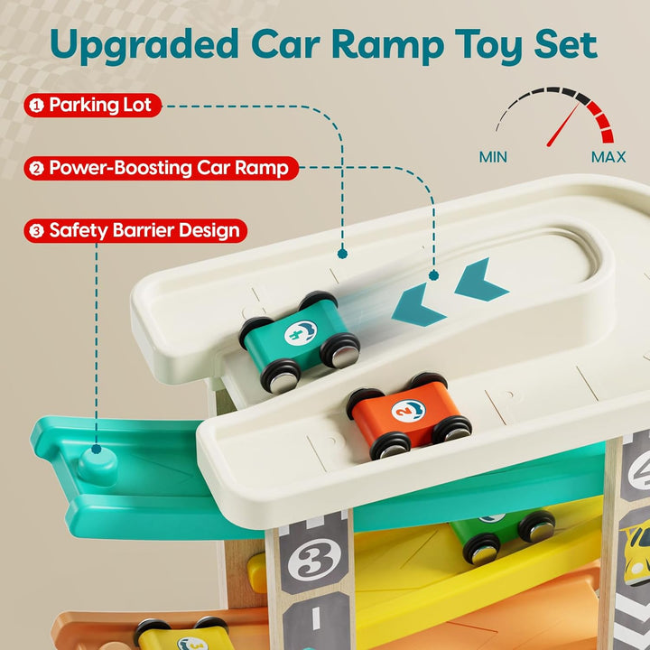 TOP BRIGHT Kugelbahn Autorennbahn aus Holz mit 4 Autos - Kinderspielzeug Geschenke für Kinder, Baby