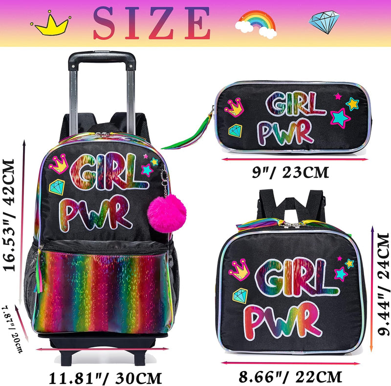 HTgroce Coole Mädchen Schwarz Trolley Rucksack 2 in 1 Kinderkoffer Rucksack with Lunchpaket Schreibw