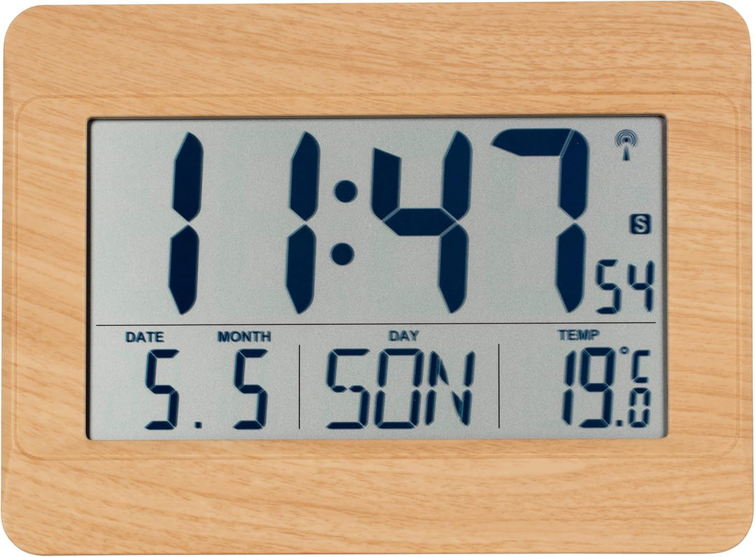 TFA Dostmann Wanduhr digital, 60.4519, Funkuhr mit Innentemperatur, Wochentag (8 Sprachen), Datum, Z