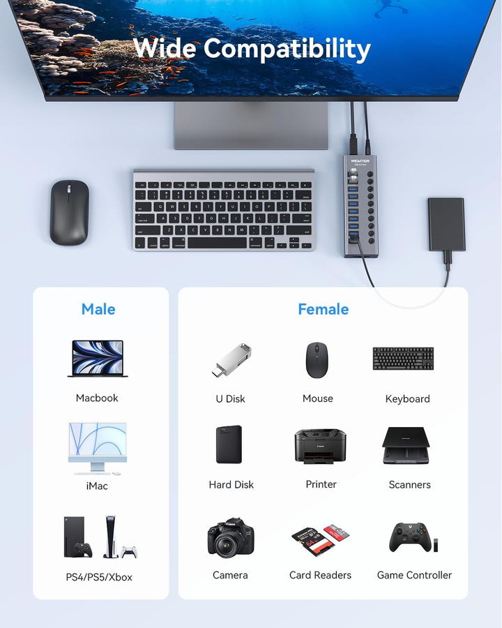 Powered USB 3.0 Hub, Wenter 10 Ports 36W USB Hub Aktiv, Aluminium USB Splitter mit individuellen EIN