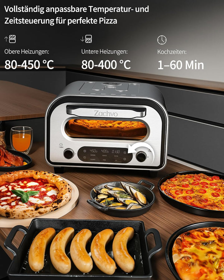 Elektrischer Pizzaofen - bis 450℃, 5 voreingestellte Pizzaarten, 1-60 Min Timer, Touchscreen & Drehr