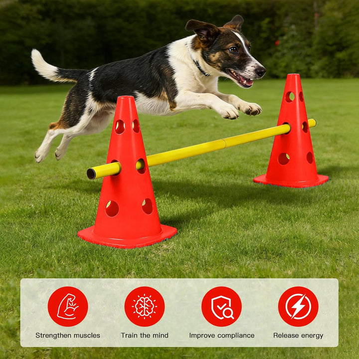 Steckhürdenset 10 Kegel + 5 Stangen, Höhenverstellbare Agility Hürden für Hundesport & Fussballtrain