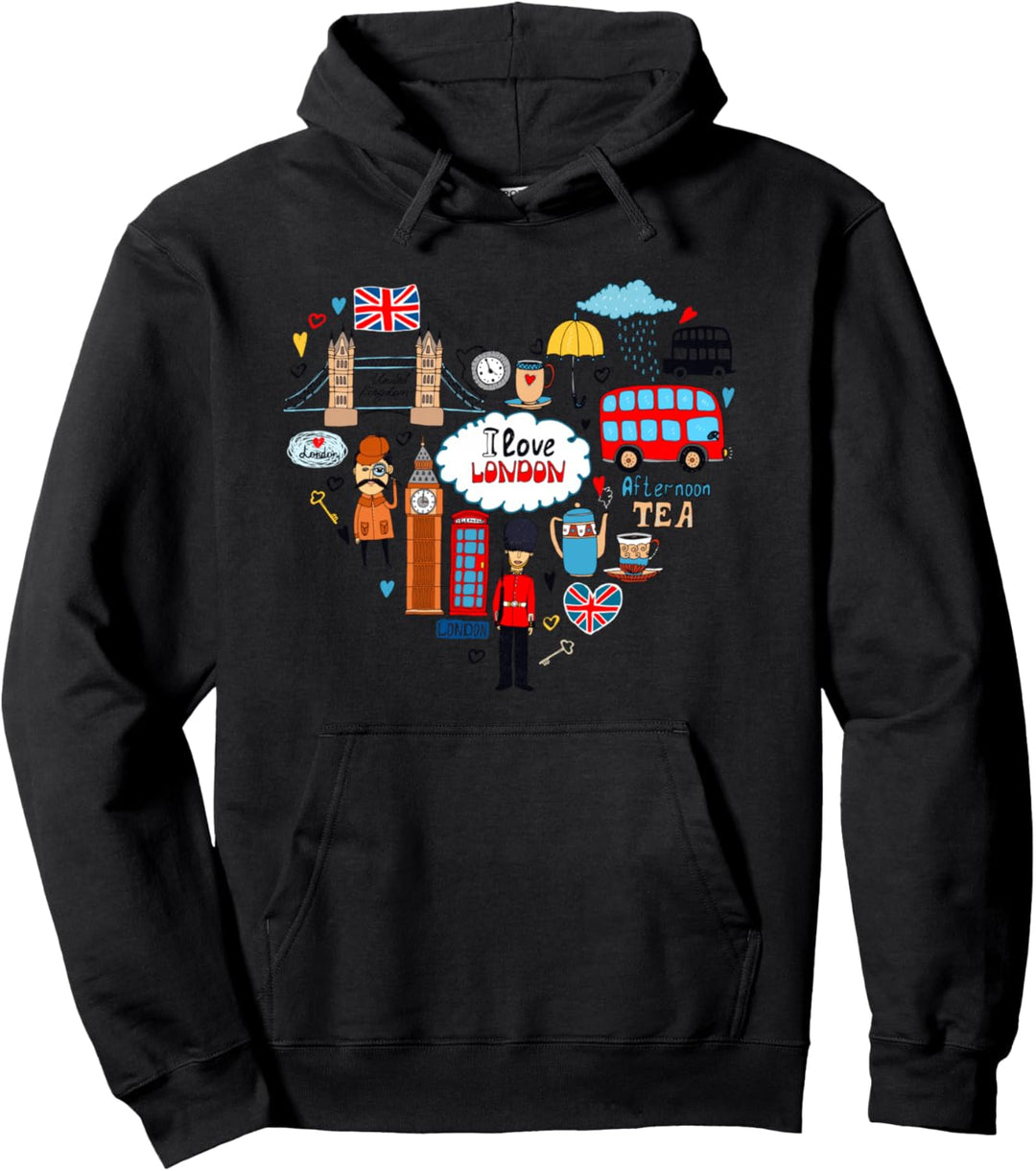 Cool London Doodles, I Love London Vibes, London Landmarks Pullover Hoodie
