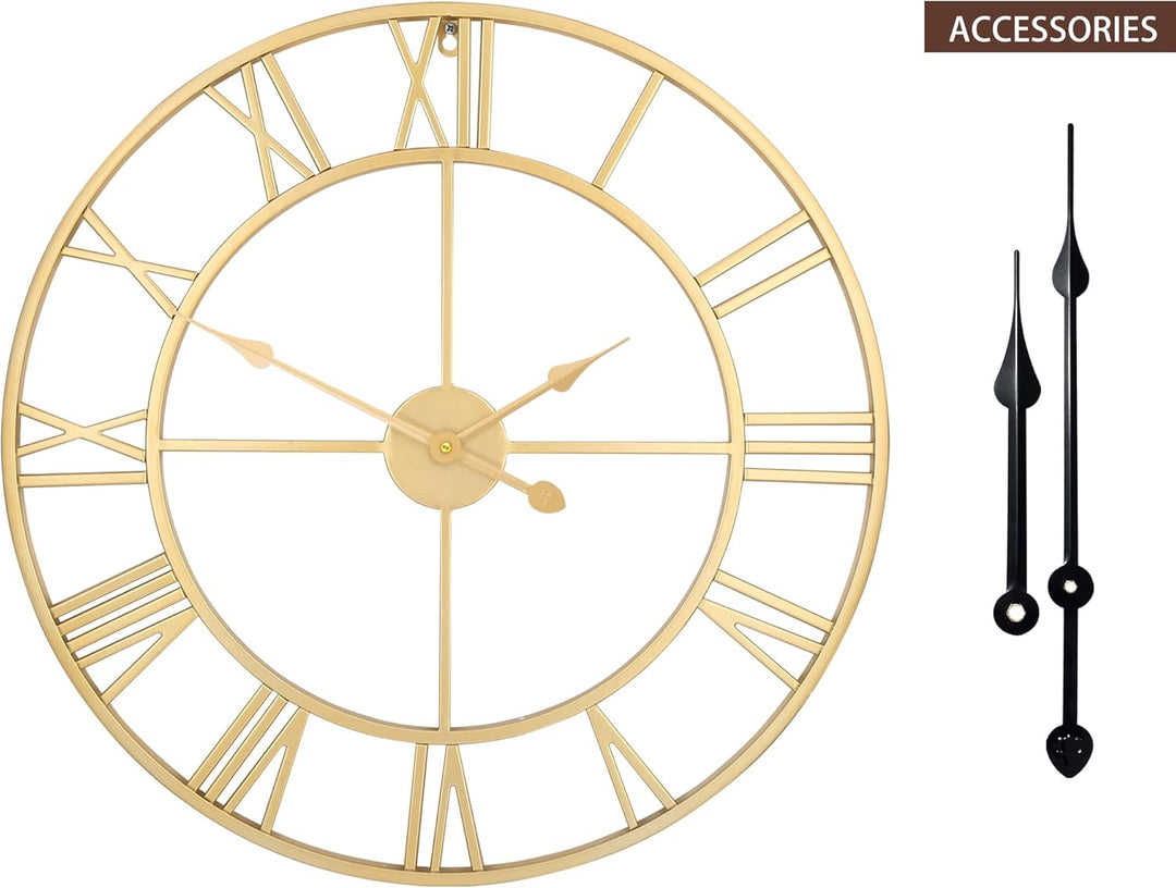 Grosse Wanduhr im Vintage-Stil,schwarz Wanduhr rund, Modernes Gold Metall Geräuschlos Nicht tickend,