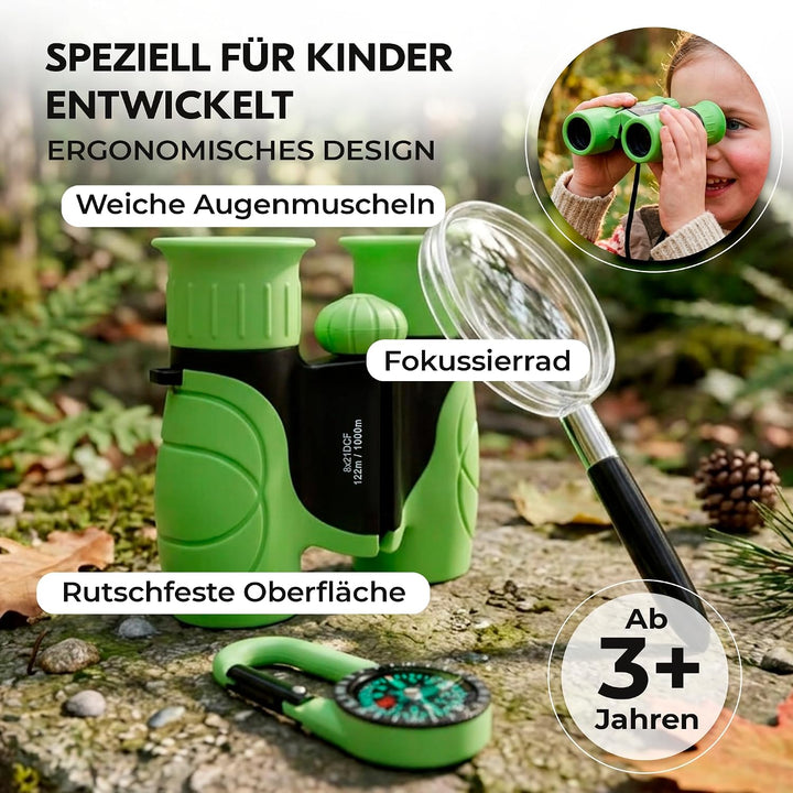 Kinderfernglas 8x21 – Entdecker-Set mit Lupe, Kompass, Tasche und Trageband für Wald, Zoo, Wandern,
