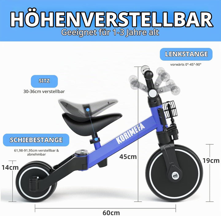 KORIMEFA 4 in 1 Laufräder Laufrad Kinderdreirad Dreirad Lauffahrrad Lauflernhilfe mit Schubstange fü