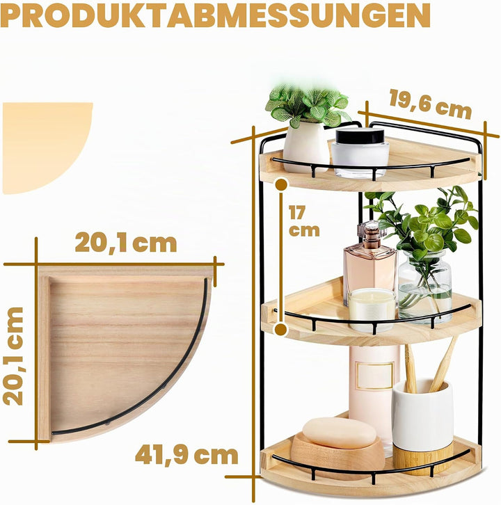 3 Ebenen Badezimmer Organizer, Eckregal Badezimmer Regal aus Holz mit Metallgestell, Arbeitsplatten-