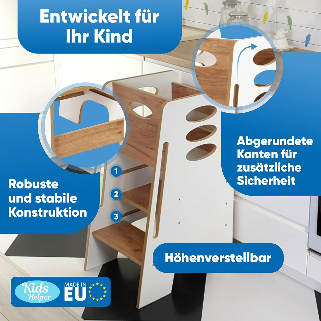 Kitchen Kids Helper Lernturm ab 1 Jahr - Höhenverstellbarer Lernturm Montessori Weiss und Eich 80cm