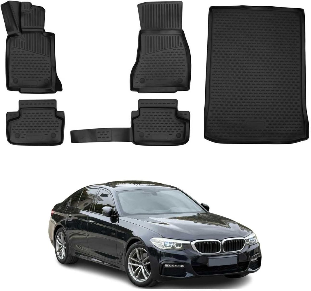 OMAC Fussmatten & Kofferraumwanne Set kompatibel mit BMW 5er G30 2017-2024 Gummi TPE Schwarz 5X Set