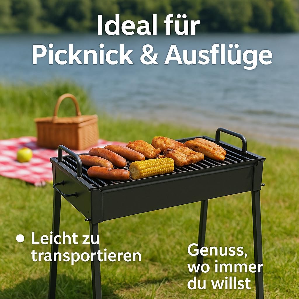 Hochwertiger Camping Grill 50x30cm I Praktischer Holzkohlegrill für Camping & Festivals I Platzspare