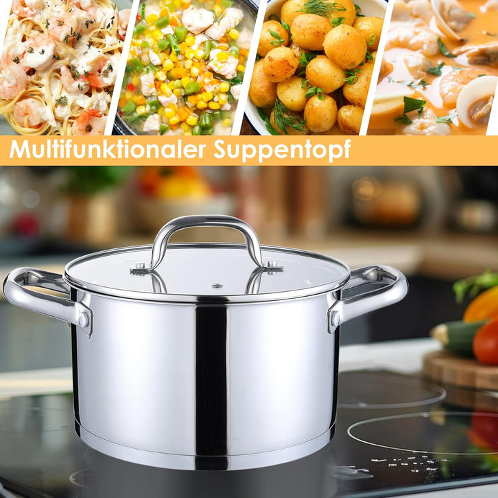 Herogo Kochtopf 26 cm, 6,7 L Edelstahl Suppentopf Induktion Topf mit Glasdeckel, Nudeltopf Fleischto