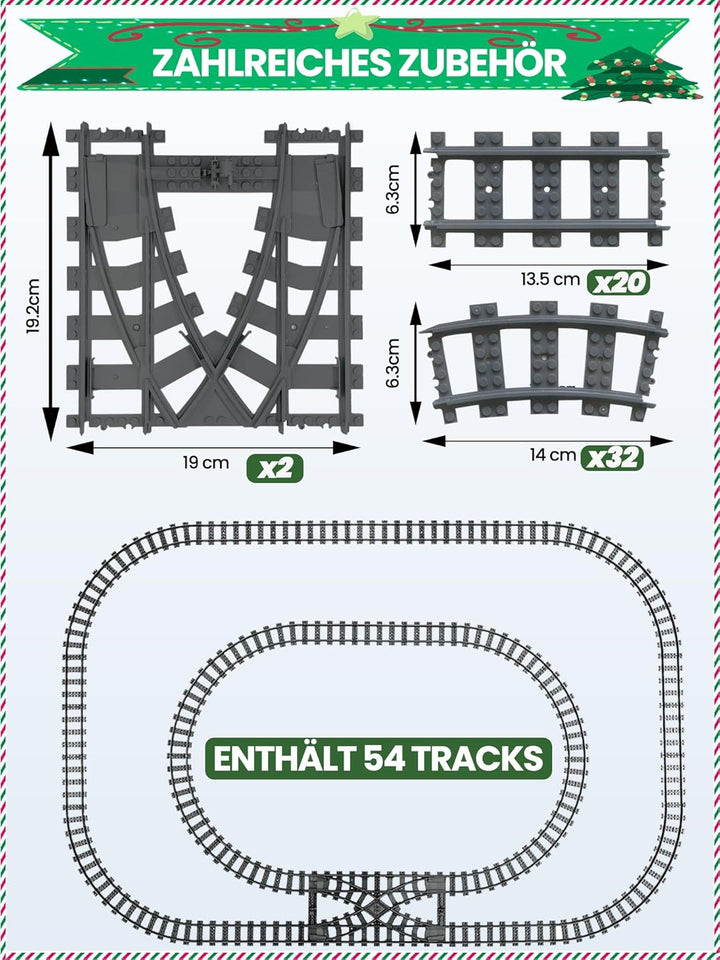 54 Stück City Eisenbahn Schienen for Train,Bausteine Zug Schienen Set mit 32 Kurven Schienen, 20 Ger