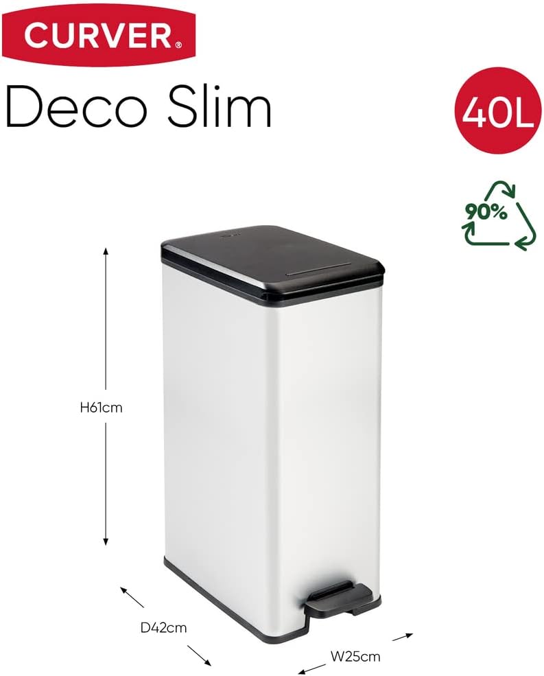 Curver Deco Abfalleimer Slim 40 L, Plastik, schwarz / silber metallic, 42 x 25 x 61 cm 42 x 25 x 61
