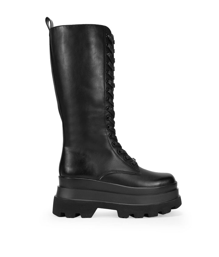 BOSANOVA Militärstiefel mit hohem Schaft aus veganem Leder mit doppelter Plattform und Track-Sohle,